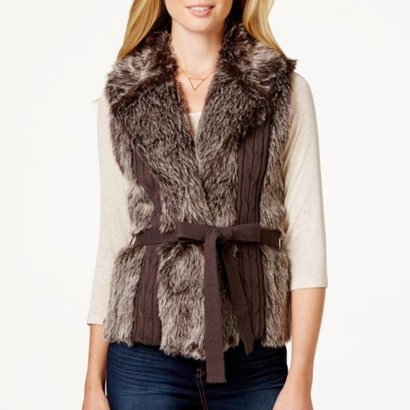 XOXO Juniors Cozy Brown Faux Fur Sleeveless Knit Sweater Vest w/ Belt XL - Picture 2 of 14